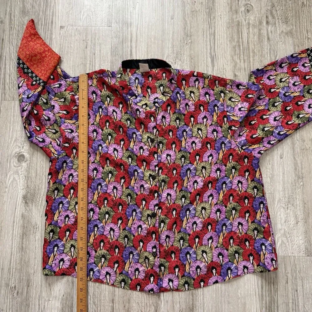 JOSIE NATORI Artistic Geisha Umbrella Print 2PC Set Mandarin Collar Lounge Wear
